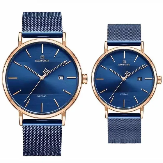 Relojes Pareja Par De Reloj En Acero Inoxidable A La Moda Correa Azul Bisel Azul Marino Fondo Azul Marino