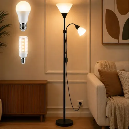 Luminária Chão 177cm Piso + 2 Lâmpadas Led Articulada Dupla Preto