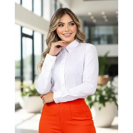 Camisa Feminina Social Manga Longa Secretária Elastano Luxo Branco M