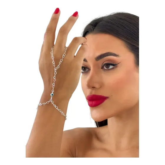 Pulseira Com Anel Hand Chain Folheado A Prata