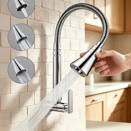 Torneira Cozinha Parede Flexível Gourmet Metal 3 Jatos Prateado