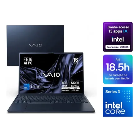 Notebook VAIO FE16 AI PC Intel Core 5 320 - 8GB RAM 512GB SSD Linux DDR5 Wi-Fi 6 - Tela 16" WUXGA IPS Antirreflexo - AI PC com até 16 TOPs – Permite expansão de RAM e SSD