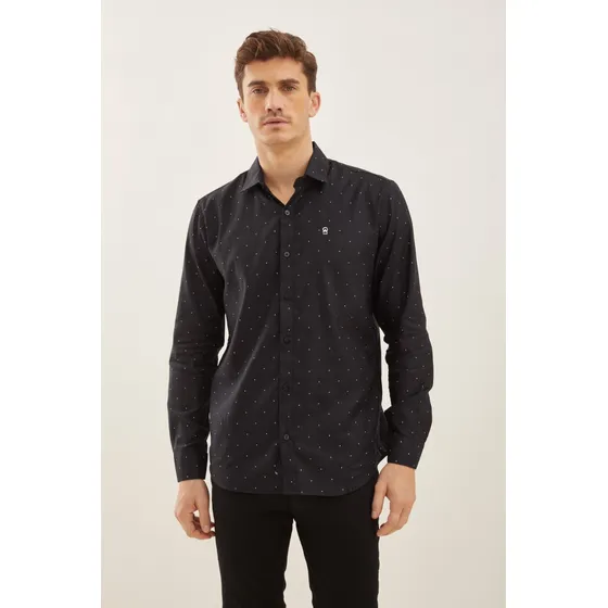 Camisa Para Hombre Poplin Lunares Color Negro Airborn