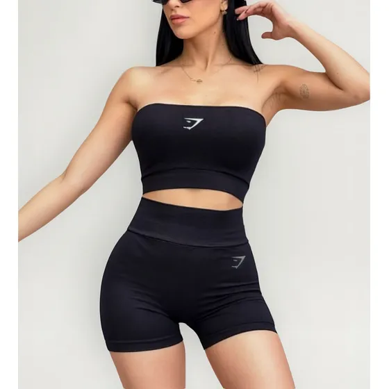 Conjunto Sport Strapless Short Insp Bordado Gym Sharkk Negro Negro Bordado Unitalla