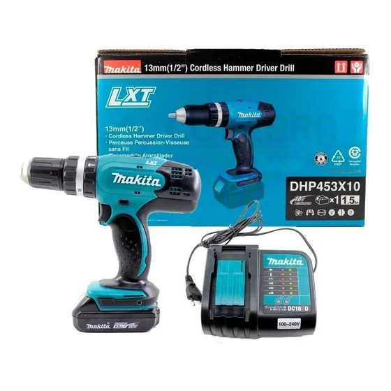 Rotomartillo Taladro Atornillador Makita DHP453X10 | Kit con batería 1.5Ah y cargador, torque 38 N·m, engranes metálicos y broquero rápido para perforar y atornillar en madera, metal y mampostería