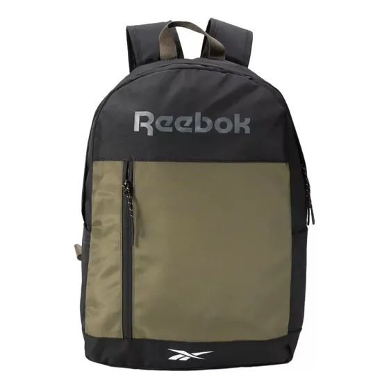 Mochila Reebok Con Bolsillo Frontal Urbana Reforzada Color Negro Y Verde Diseño De La Tela Liso