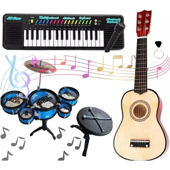 Kit Musical Violão +bateria Infantil Com Banquinho +teclado