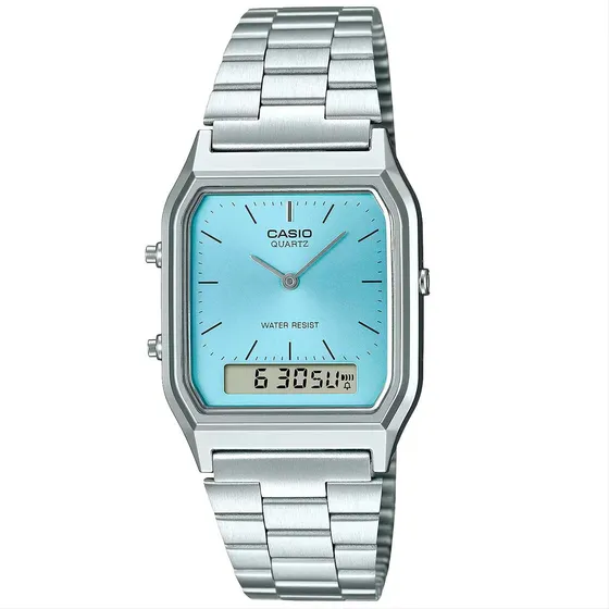 Relógio Casio Vintage Aq-230a-2a1mqydf Correia Prateado Bisel Prateado Fundo Azul