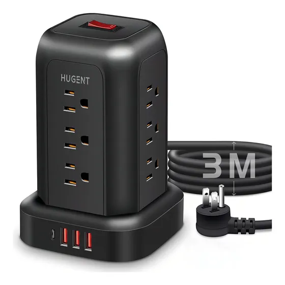 Hugent T12 Torre Multicontacto 16 En 1 Con 12 Tomas De Ca Y 3 Usb A 1 Tipo C Cable Alargador De 3m Regleta Vertical Con Clavija Plana Protección Sobrecarga Carga Rápida Para Hogar Y Oficina