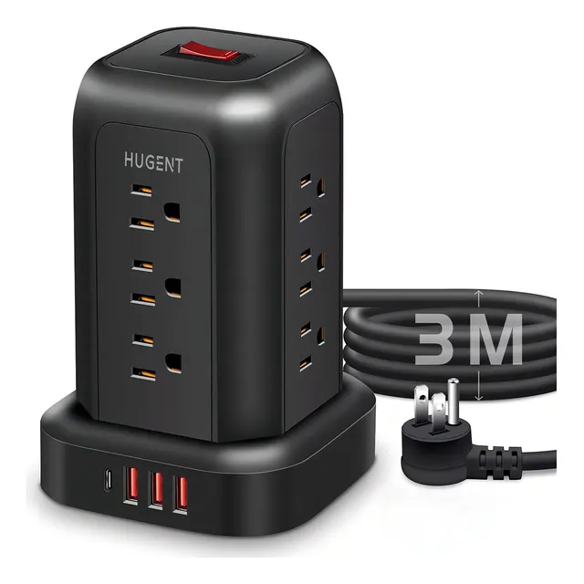 Hugent T12 Torre Multicontacto 16 En 1 Con 12 Tomas De Ca Y 3 Usb A 1 Tipo C Cable Alargador De 3m Regleta Vertical Con Clavija Plana Protección Sobrecarga Carga Rápida Para Hogar Y Oficina