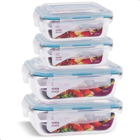 Conjunto 4 Potes Hermético Vidro 370ml 640ml Marmita Fitness Azul