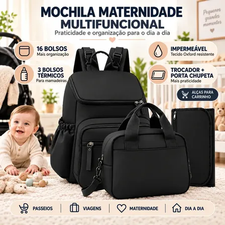 Mochila Maternidade NTESX Impermeável Preta com Trocador, Porta Mamadeira, Grande Capacidade 16 Bolsos, Bolsa Maternidade para Bebê, Viagem, Passeio, Hospital e Uso Diário