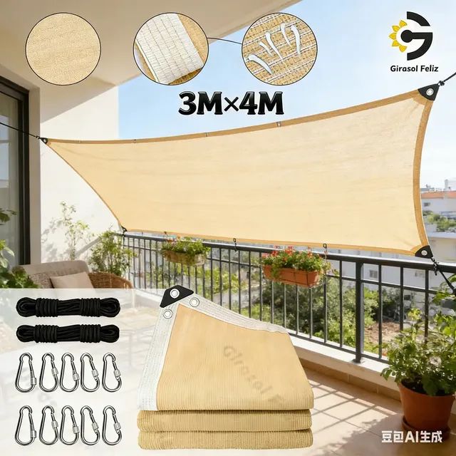 Girasol Feliz Malla Sombra Para Jardín 3x4 Metro 90 % De Bloqueo De La Luz Protección Uv, Apto Para Uso En Exteriores, Patios Y Cocheras Con 2 Cuerda + 10 Hebilla Coloe Beige