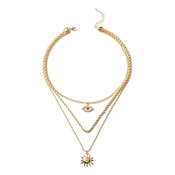 Collar Triple Dije Sol Y Ojo Turco Mujer