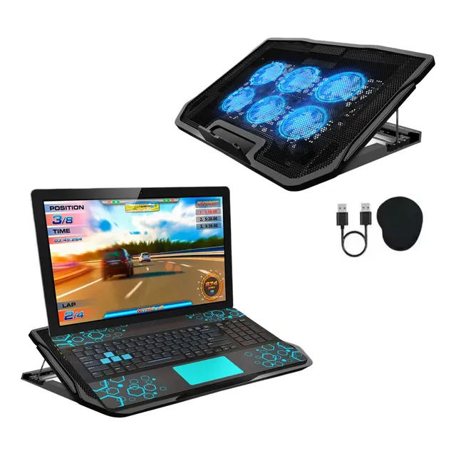 Base Enfriadora Para Laptop Adjustable Wind Speed Bajo Ruido xn BDN00021A color negro azul+2 soportes para teléfono móvil