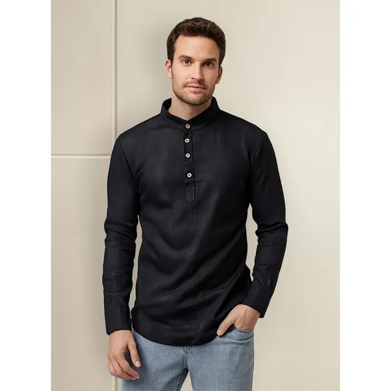 Camisa Slim Fit Cuello Mao Manga Larga Hombre Vestir Casual