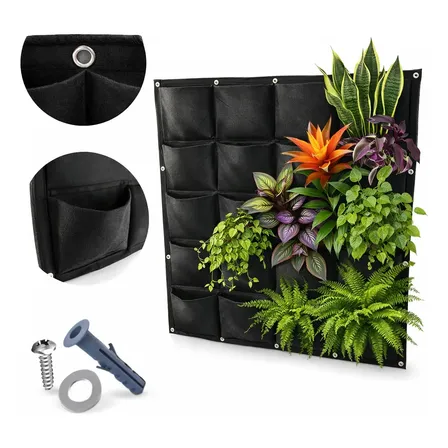Jardim Vertical Allgreen 1x1m 20 Bolsos Feltro. Placa Preta, Plantas Verdes Preto