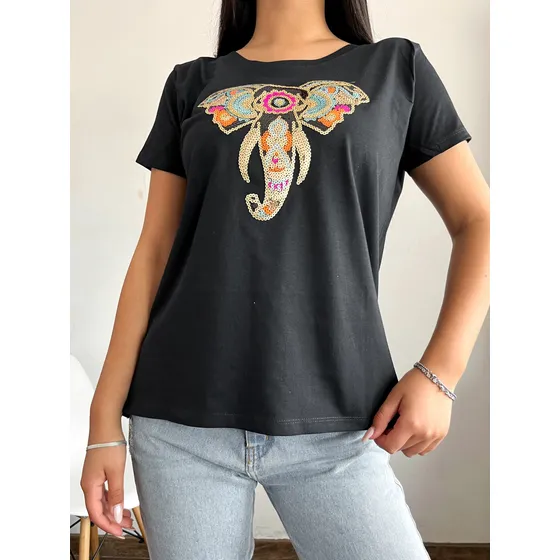 Remera Elefante Plumas Con Brillo Rayo Sc Mayorista Algodón
