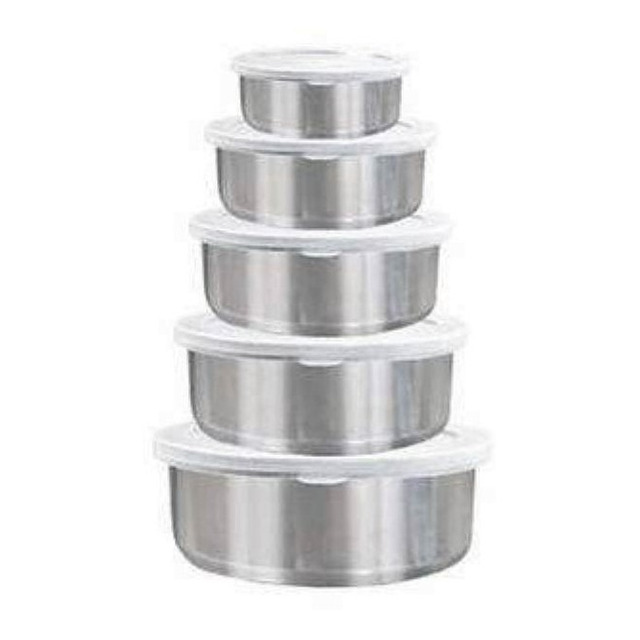 Conjunto De Potes Redondos Inox 5 Peças Com Tampa - Novo Conjunto De Potes Redondos Inox 5 Peças Com Tampa - Novo