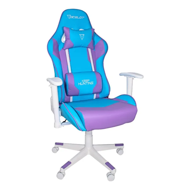 Silla Gamer Ocelot Ergonómica Descansa Brazos Ajustables Reclinable 90-155 grados Soporta hasta 150 Kg Almohadillas Color Azul y Morado Modelo OSA-06