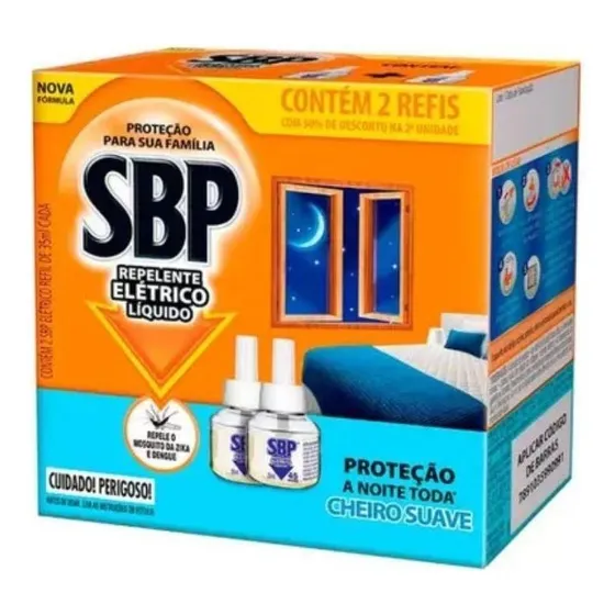 Repelente Líquido Elétrico SBP Caixa 2 Unidades 35ml Cada Refil Grátis 50% de Desconto na 2ª Unidade