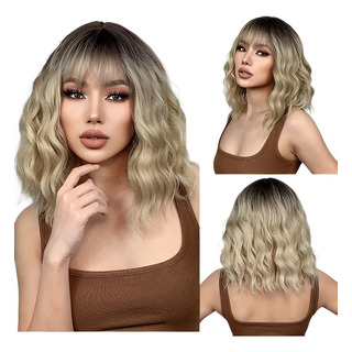 Peluca Rubia Degradado Bob Natural Para Mujer Dama Ondulada Peluca Rubia Degradado Bob Natural Para Mujer Dama Ondulada
