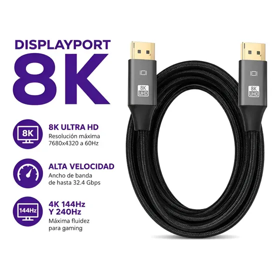 Cable Displayport 1.4 8k 60hz 4k 144hz-240hz Gamer Compatible Con Monitores Alta Frecuencia 32.4gbps Ultra Alta Velocidad
