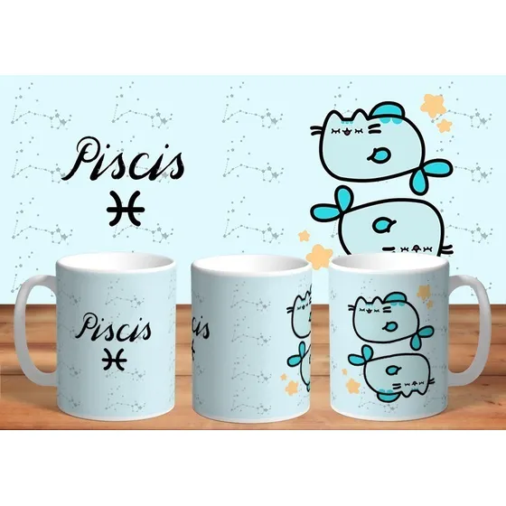 Taza De Cerámica Sublimada Gato Kawaii: Piscis