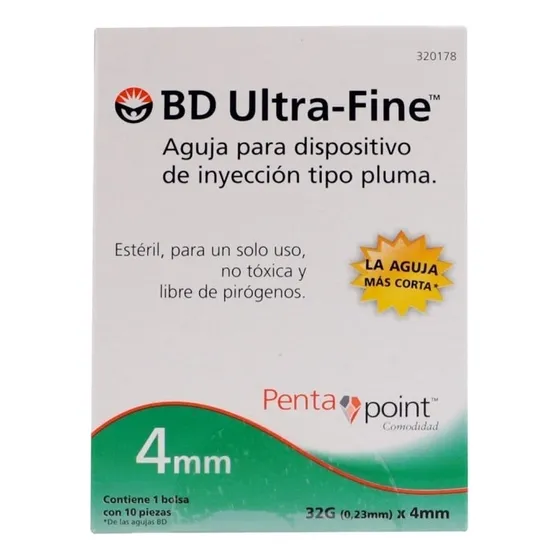 Aguja 32g X 4mm Bd Ultrafine Caja C/10pz Capacidad en volumen 0 mL