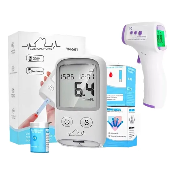 Glucometro Digital + Termometro Frente 25 Tiras 25 Lancetas