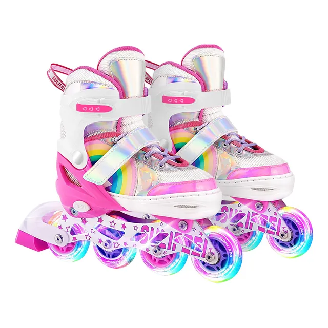 Patines En Linea Niñas Ajustable Arcoiris Rosado Rueda Led
