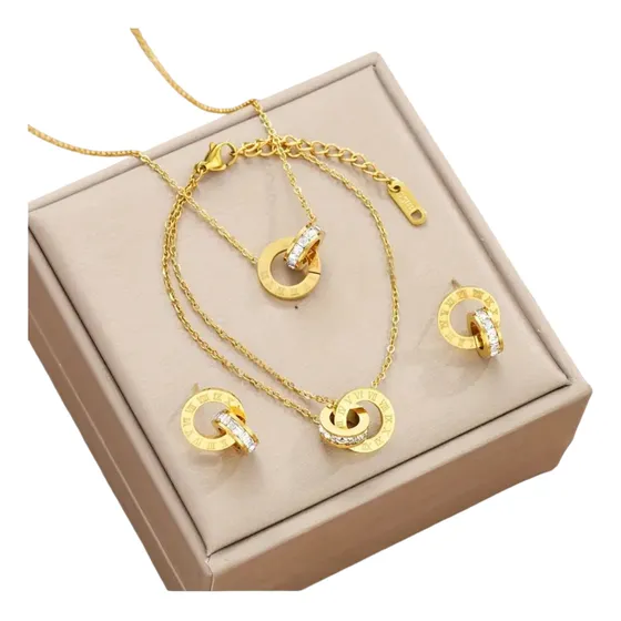 Conjunto Tipo Bulgari Dije- Cadena - Aros -pulsera Acero Dorado
