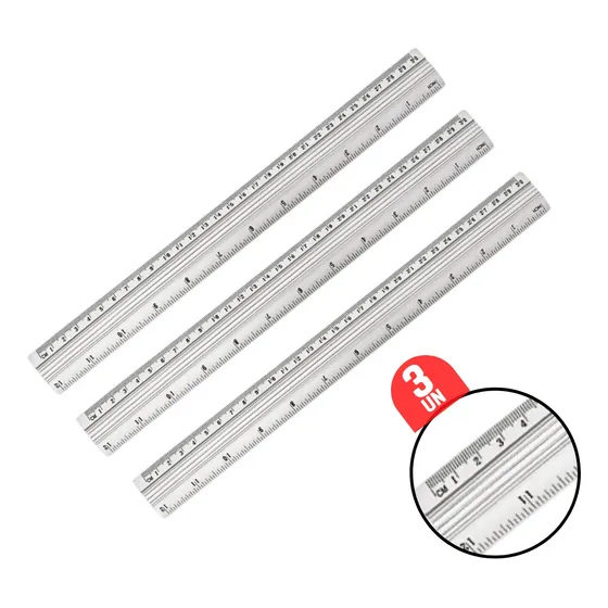 Utileira® Kit 3 Réguas De Alumínio 30cm Escola Trabalho Escritório
