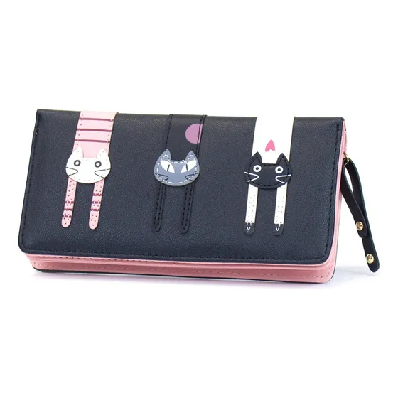 Mini Faux Cuello Bifold Cute 3 Gato Zipper Bolso De D3rxw