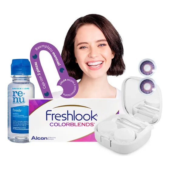 Lentes De Contacto Alcon Freshlook Colorblends | Color Amatista Sin Graduación | Kit Optioutlet Incluye Estuche Con Espejo Y Solución De 60ml | Pupilentes De Colores Naturales De Duracion Mensual