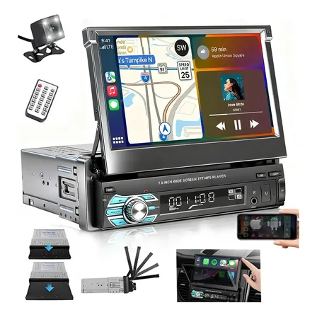 Central Multimídia Retrátil 7'' Mp5 Bt 1din Camera Espelha Carplay Bluetooth Fm Extensão Manual Preto