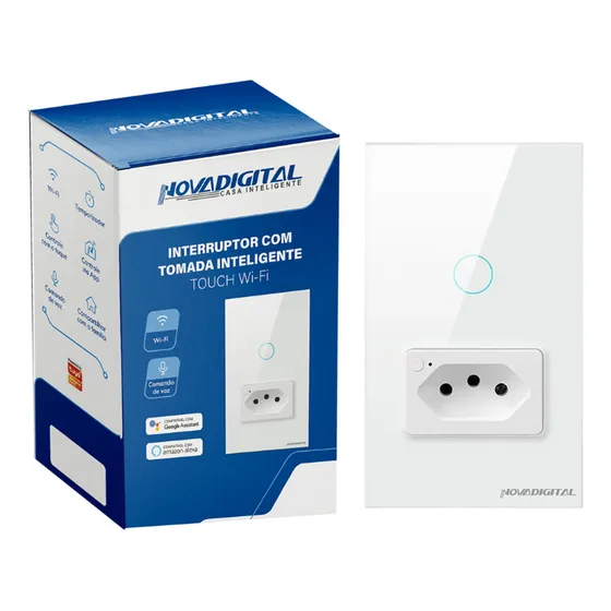 Interruptor Tomada Inteligente Wifi Novadigital 1 Botão Touch 1 Tomada 20a Tuya Smart Life Alexa Google 127v 220v Branco