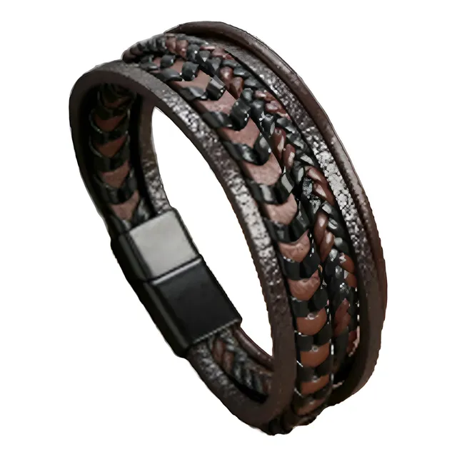 Pulsera Cuero Trenza Natural Imán Hombre 5 Tiras Rock Brazal