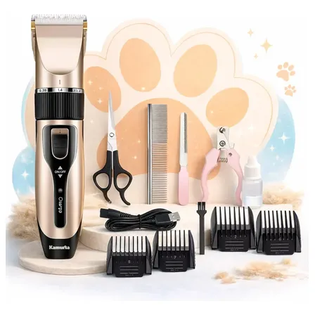 Máquina Tosa Pet Kamufla Profissional Silenciosa Bivolt + Kit Completo Com Alicate Unha Cães Cachorro Gato Dourado 127/220v