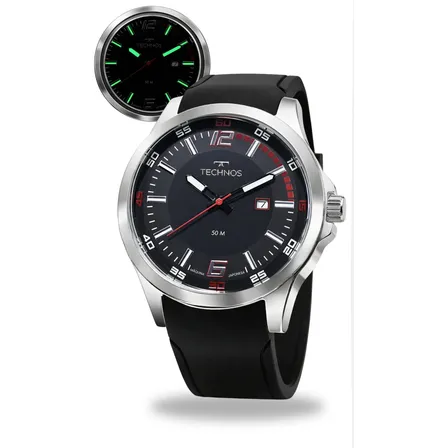 Relógio Technos Masculino Silicone Analógico Racer Original Preto Prateado