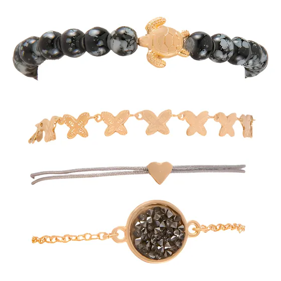 Set 4 Pulseras Tortuga Corazón Dije Piedra Natural