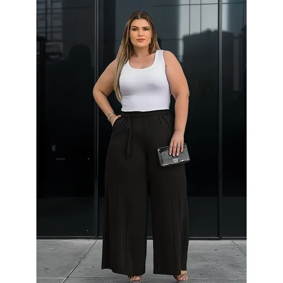 Calça Feminina Pantalona Plus Size Premium Com Faixa