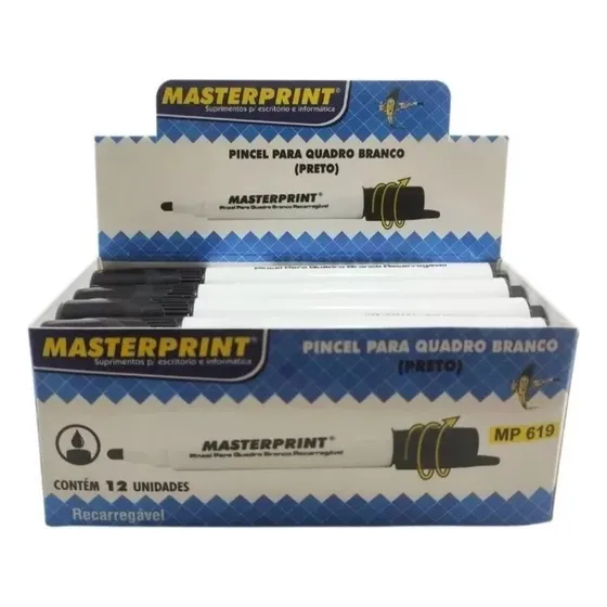 12 Caneta Pincel Quadro Branco Mp 619 - Masterprint Cor Preto