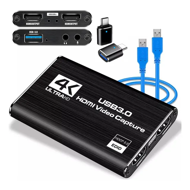 Tarjeta capturadora de video HDMI 4K HDMI a USB3.0 Leirlvan video converter 1080P@60Hz con entrada de micrófono de 3.5mm para Windows Linux OS Mac OS OBS color negro