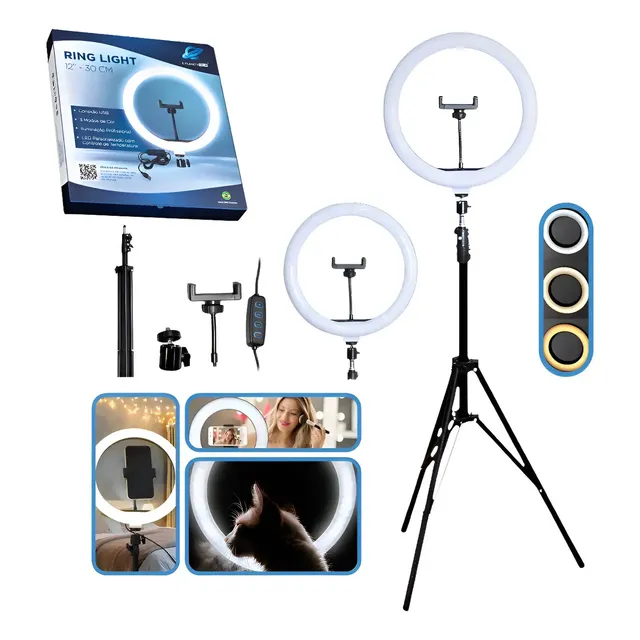Ring Light Luz Led Iluminador 30cm + Tripé 2.1M Com 3 Cores
