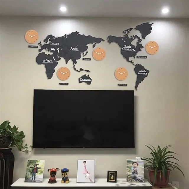 Keffor Reloj Pared Mapa Mundo 3d Hecho Madera Colgante Hogar