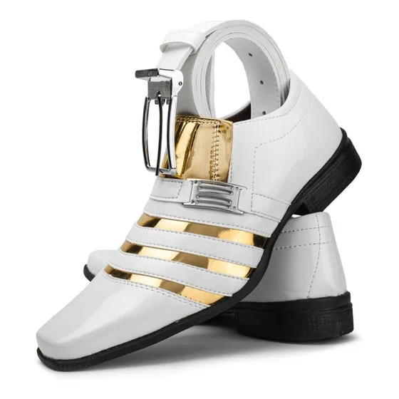 Sapato Social Verniz Branco C/ Dourado + Cinto Social Branco
