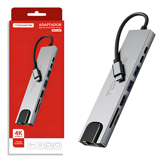Hub 8 Em 1 Multifuncional Usb-c Tomate Hdmi 4k Rj45 Tf Sd