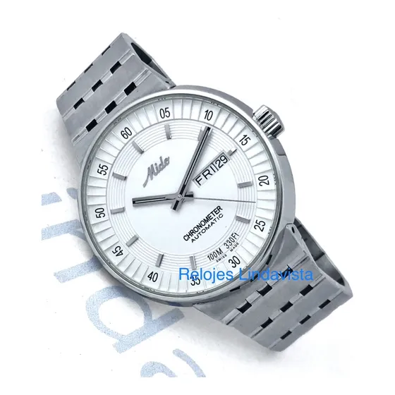 Reloj Mido All Dial Jumbo Blanco Cronometró Automático Acero