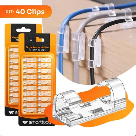 Kit Com 40 Clips Organizadores Fixador De Cabos E Fios Autoadesivo Para Mesas Paredes Cor: Transparente Marca: Smart Tools® 40un - Transparente